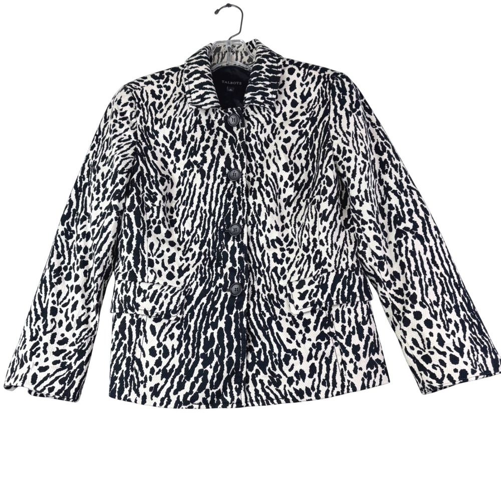 Talbots 4 Black White Animal Print Button Front Cotton Blazer Jacket Mob Wife